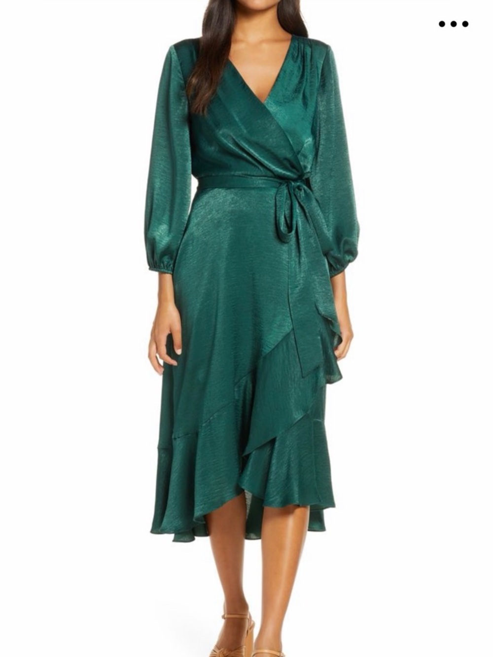 Gal Meets Glam Jennifer Dress Emerald Green Wrap Midi Dress with Ruffle Hem